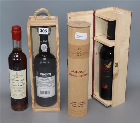 Krohn Porto Colheita 1982, Armagnac Nismes-Delclou 1972 (x 2) and Refosco di Faedis 2011 (4, 3 in wood) cases)